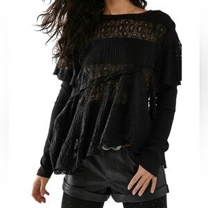 Free People Black Snowfall Lace Semi Sheer Long Sleeve Layered Ruffle Top Size M